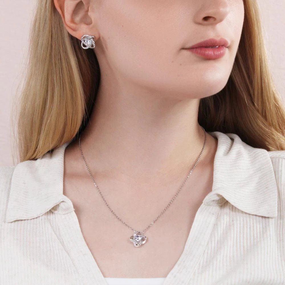 14k White Gold Love Knot Necklace Cubic Zirconia Earring Set Model Showcase The Greatest Mom