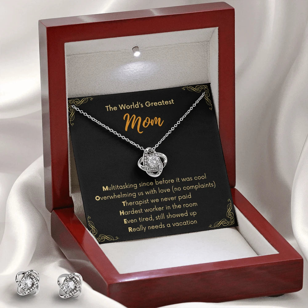 14k White Gold Love Knot Necklace Cubic Zirconia Earring Set for Mom Luxury Box The Greatest Mom