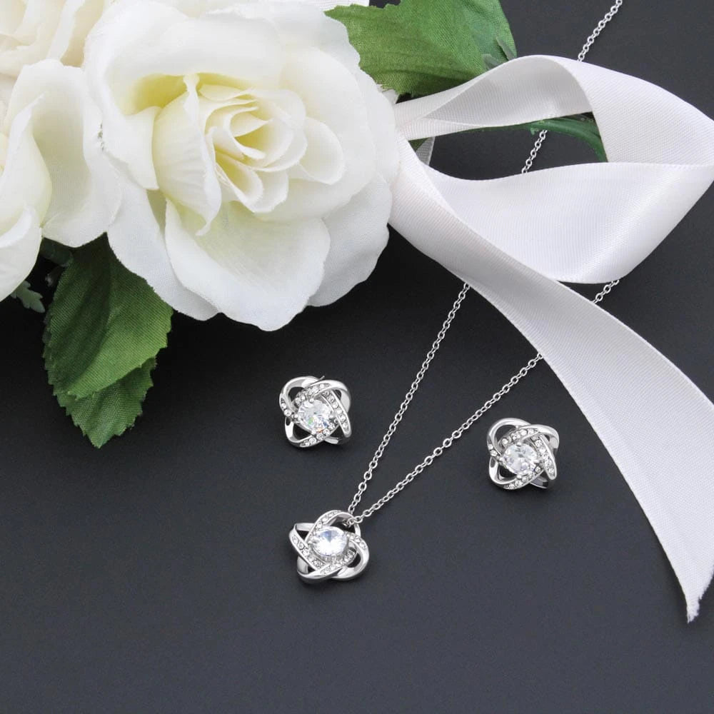 14k White Gold Love Knot Necklace Cubic Zirconia Earring Set for Mom Showcase The Greatest Mom
