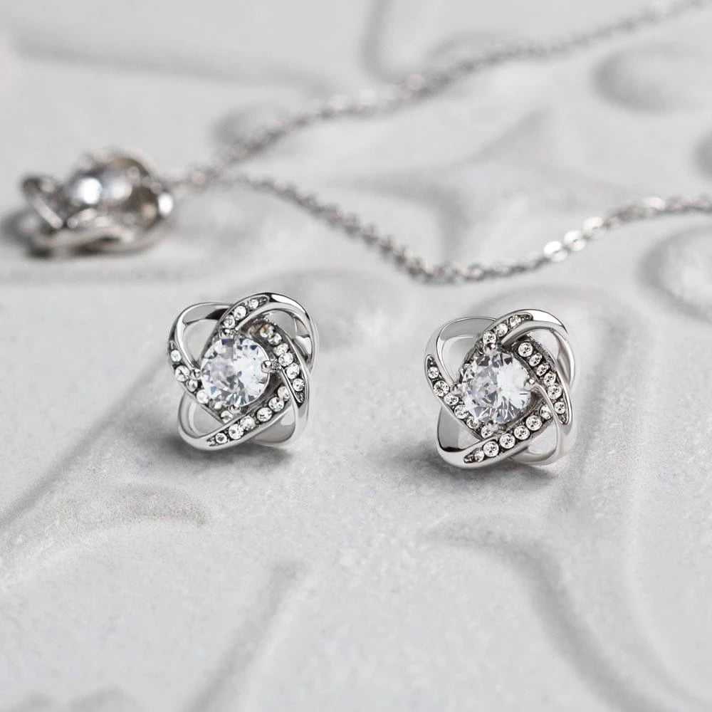 14k White Gold Love Knot Necklace Cubic Zirconia Earring Set for Mom The Greatest Mom