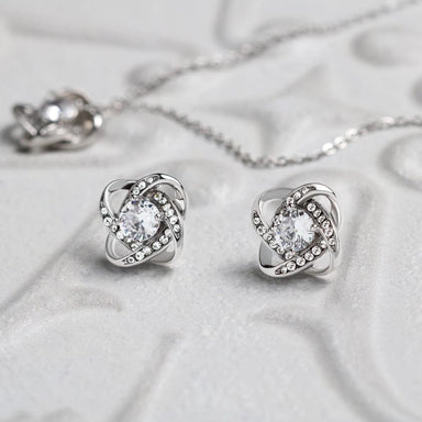 14k White Gold Love Knot Necklace Cubic Zirconia Earring Set for Mom The Greatest Mom