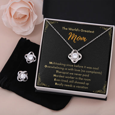 14k White Gold Love Knot Necklace Cubic Zirconia Earring Set for Mom Two Tone Box Display The Greatest Mom