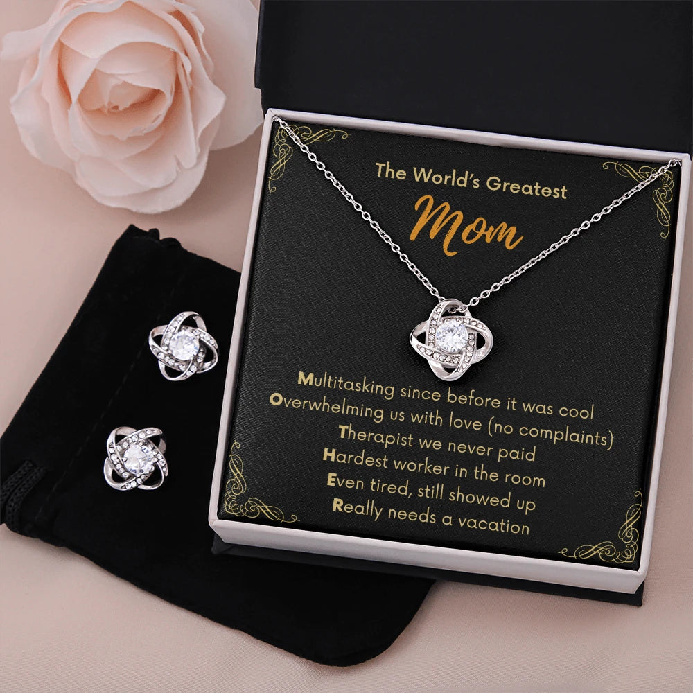 14k White Gold Love Knot Necklace Cubic Zirconia Earring Set for Mom Two Tone Box Display The Greatest Mom