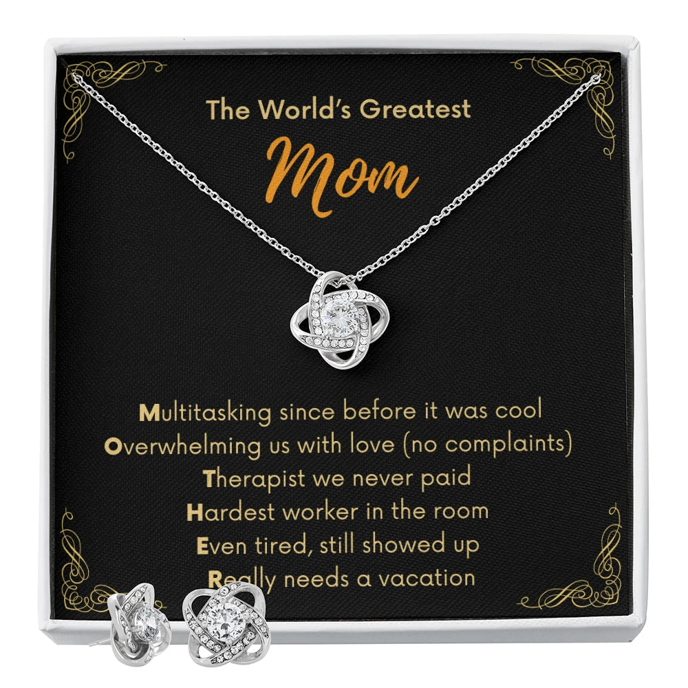 14k White Gold Love Knot Necklace Cubic Zirconia Earring Set for Mom Two Tone Box The Greatest Mom