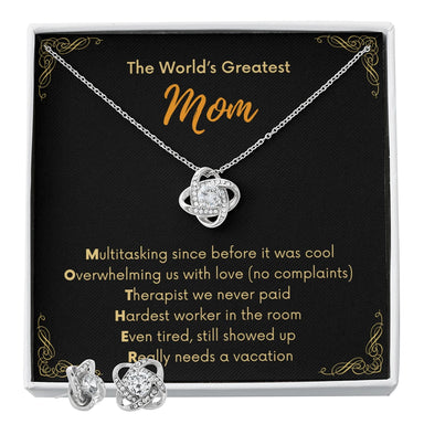 14k White Gold Love Knot Necklace Cubic Zirconia Earring Set for Mom Two Tone Box The Greatest Mom