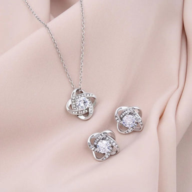 14k White Gold Love Knot Necklace Earring Set For Mom Happy Mother's Day