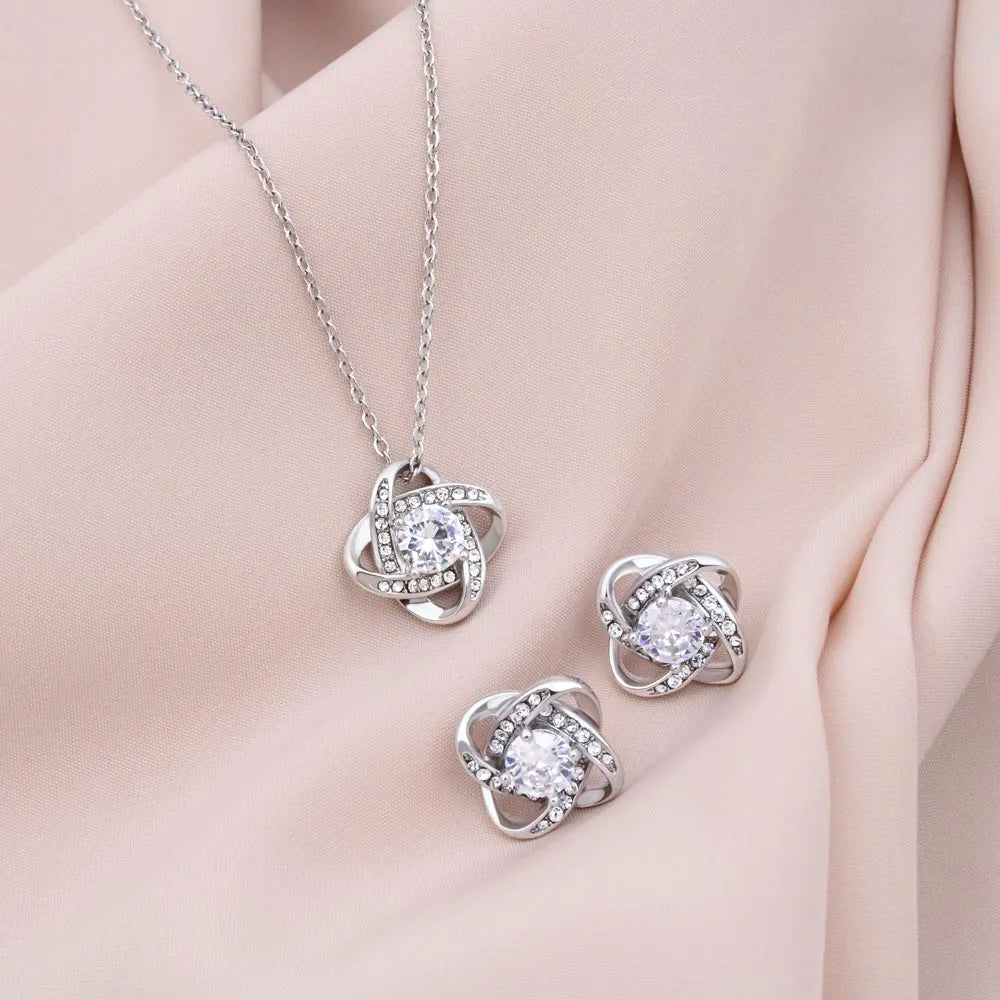14k White Gold Love Knot Necklace Earring Set For Mom Happy Mother's Day