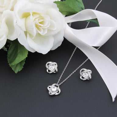 14k White Gold Love Knot Necklace Earring Set For Mom Happy Mother's Day Showcase
