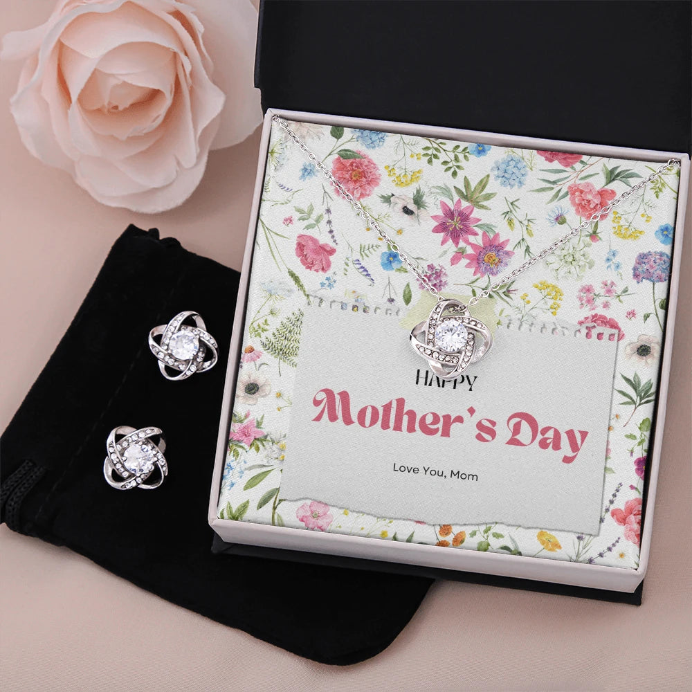 14k White Gold Love Knot Necklace Earring Set For Mom Happy Mother's Day Two Tone Box