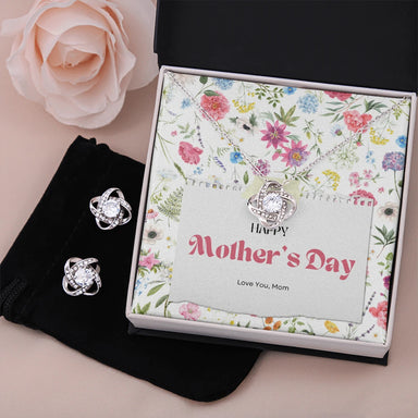 14k White Gold Love Knot Necklace Earring Set For Mom Happy Mother's Day Two Tone Box