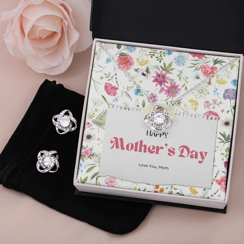 14k White Gold Love Knot Necklace Earring Set For Mom Happy Mother's Day Two Tone Box