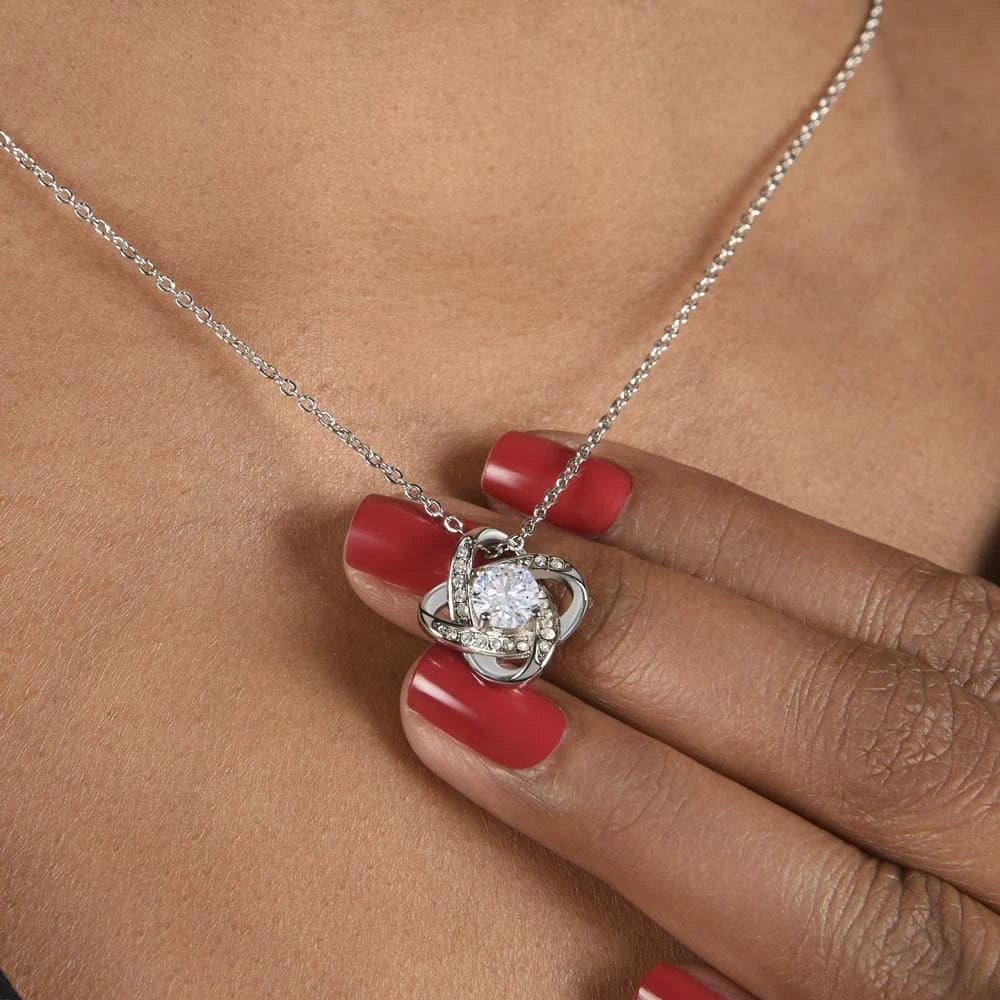 14k White Gold Love Knot Necklace for Mom Mother's Day Gift Thank You Display On the Neck