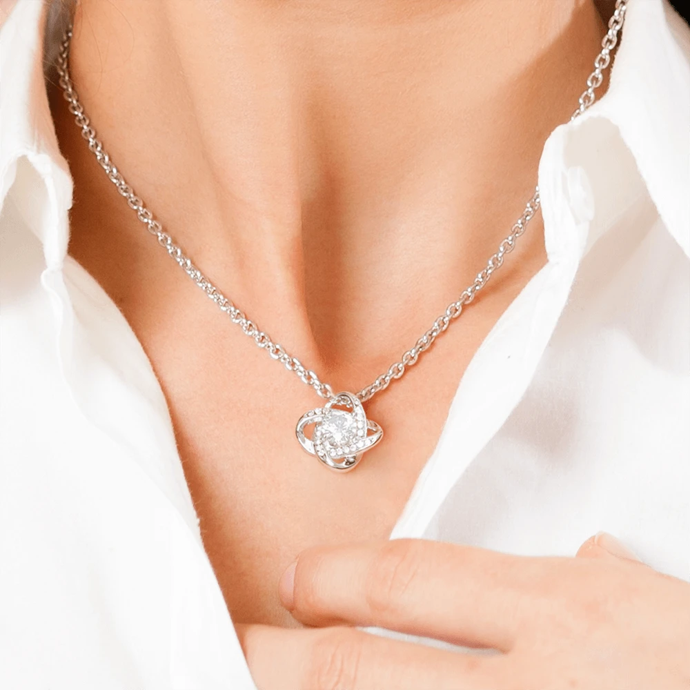 14k White Gold Love Knot Necklace for Mother So Grateful Message Card Jewelry Mother's Day Gift Display On the Neck
