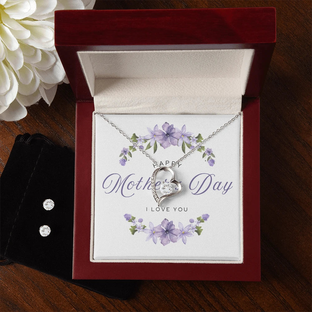 14k white gold finish Forever Love Necklace Earring Set For Mom Happy Mother's Day Luxury Box