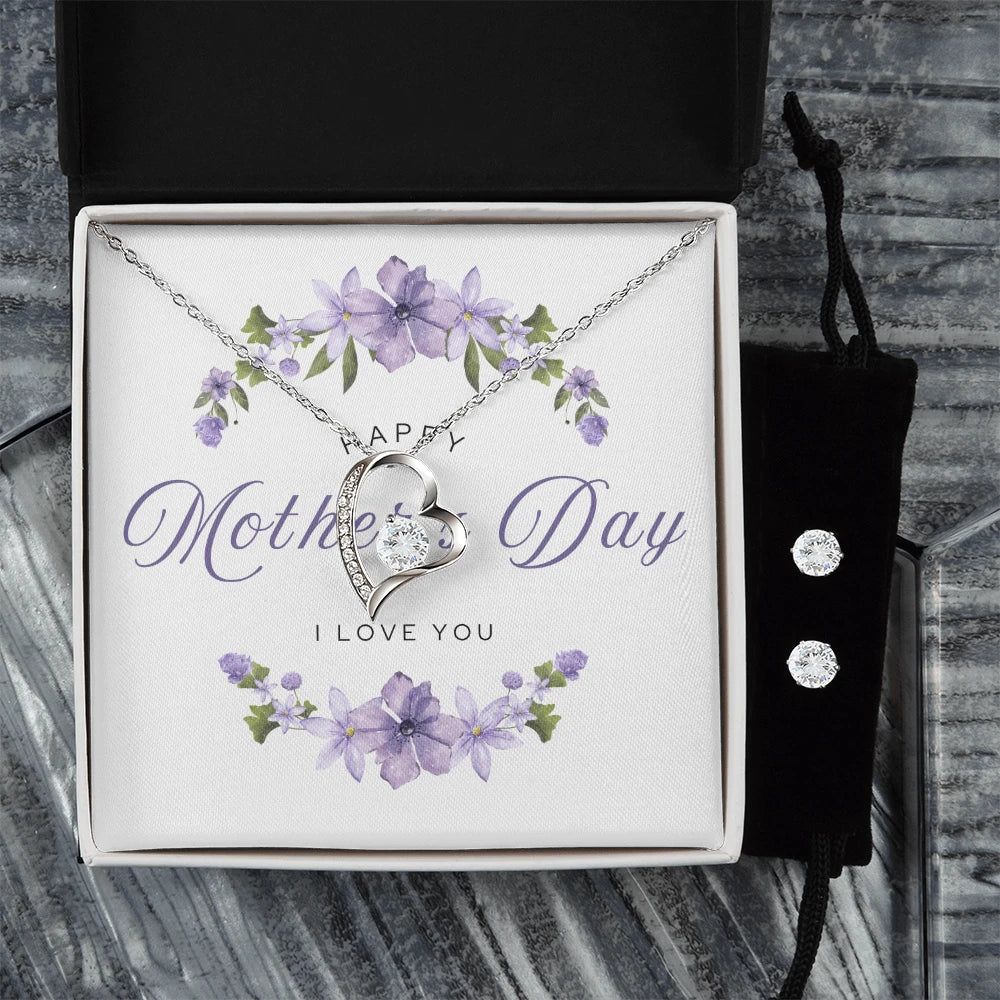 14k white gold finish Forever Love Necklace Earring Set For Mom Happy Mother's Day Standard Box