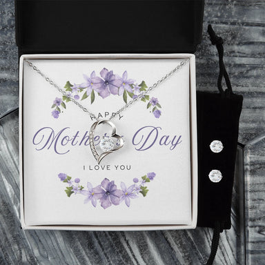 14k white gold finish Forever Love Necklace Earring Set For Mom Happy Mother's Day Standard Box