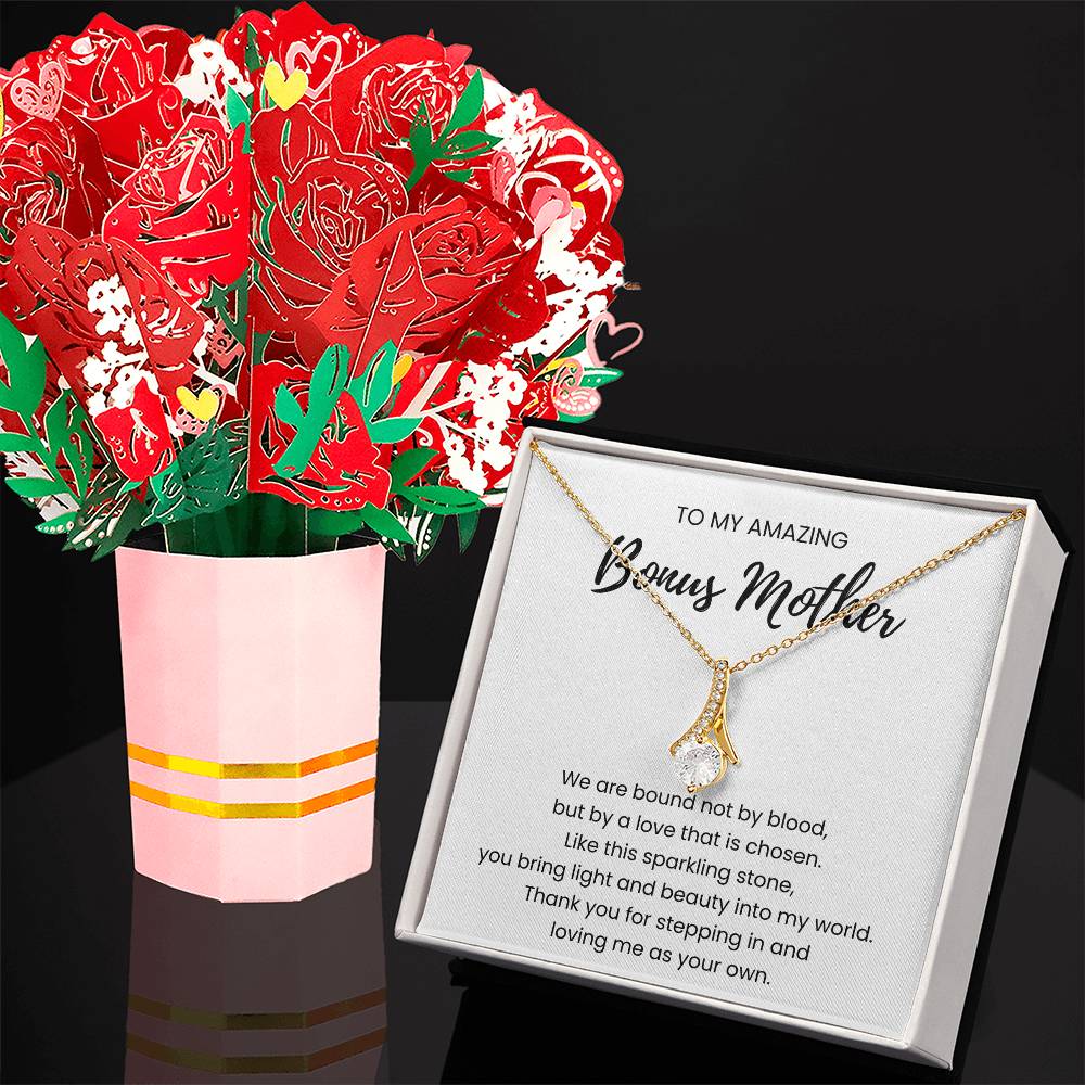 18K Yellow Gold Alluring Beauty Necklace Sweetest Devotion Flower Bouquet Bundle With Standard Box For My Bonus Mom - We Are Bound Message Card Jewelry Display