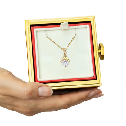 18K Yellow Gold Alluring Beauty Necklace With Rotating Rose Gift Box For Her Display In Hands