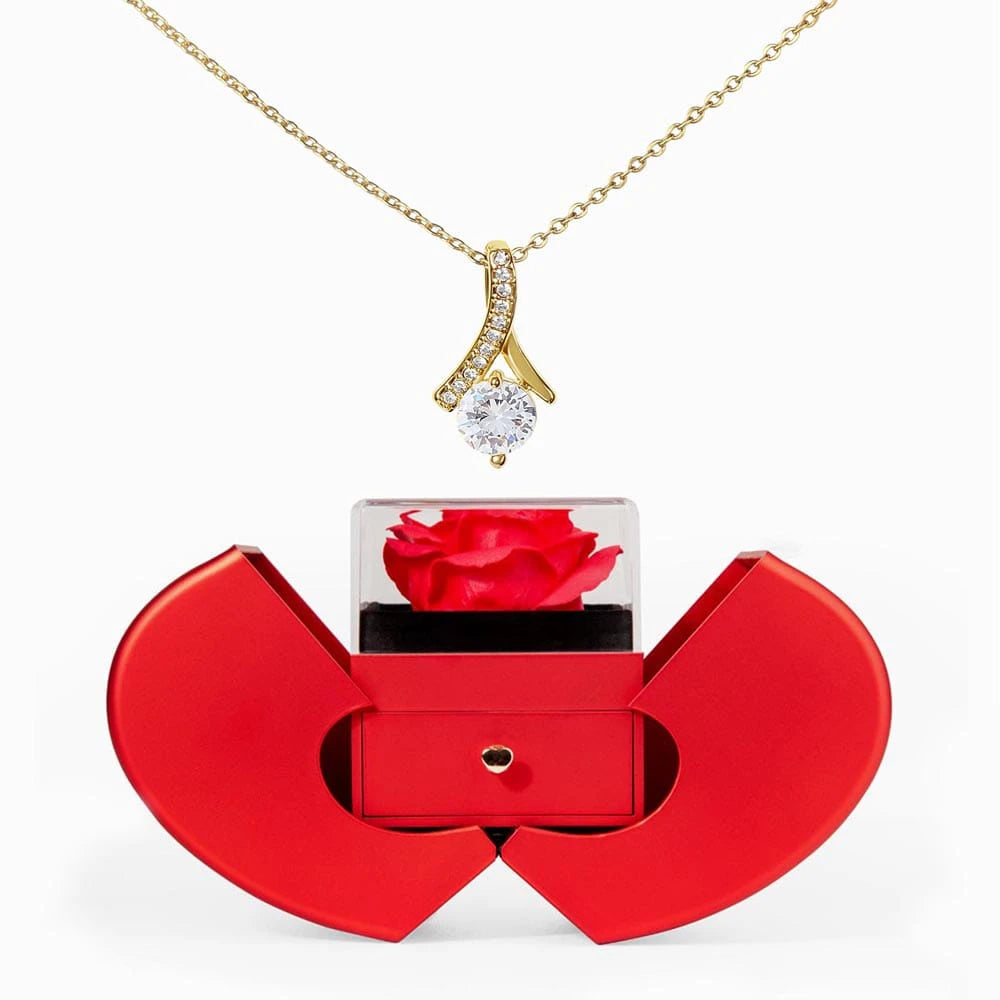 18K Yellow Gold Alluring Beauty Necklace with Red Heart Rose Box For Her