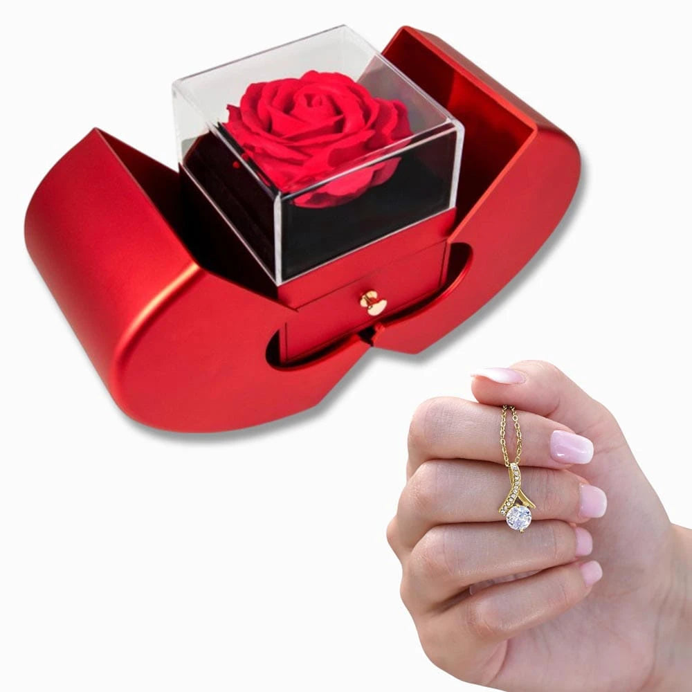 18K Yellow Gold Alluring Beauty Necklace with Red Heart Rose Box For Her Display