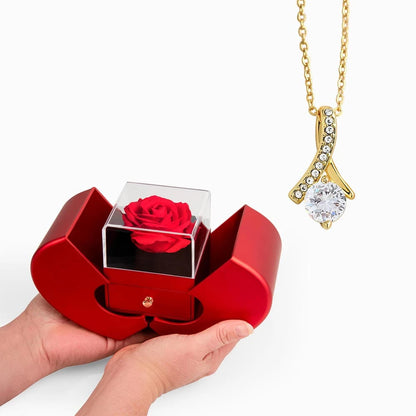 18K Yellow Gold Alluring Beauty Necklace with Red Heart Rose Box For Her Display In Hand