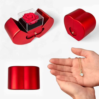 18K Yellow Gold Alluring Beauty Necklace with Red Heart Rose Box For Her Display Set