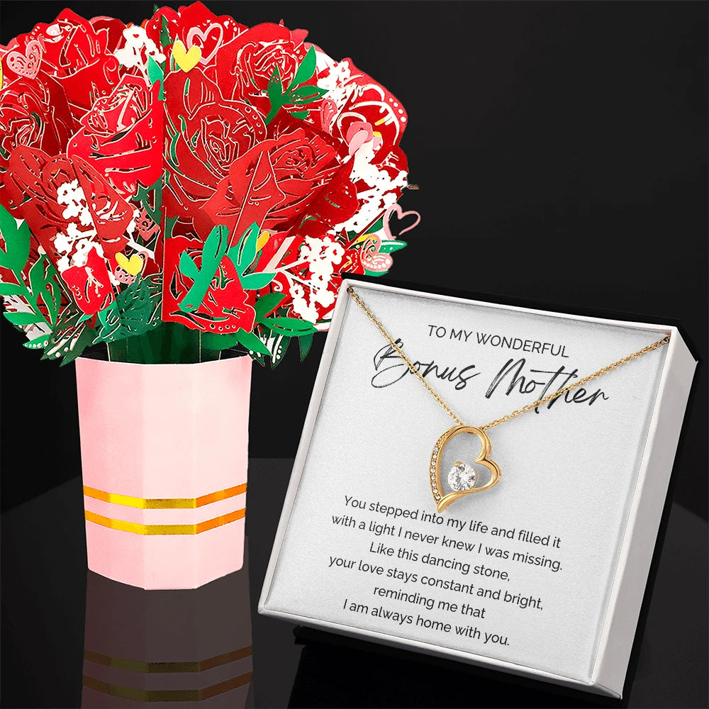 18K Yellow Gold Forever Love Necklace Sweetest Devotion Flower Bouquet Bundle With Standard Box For My Bonus Mom Your Love Message Card Jewelry