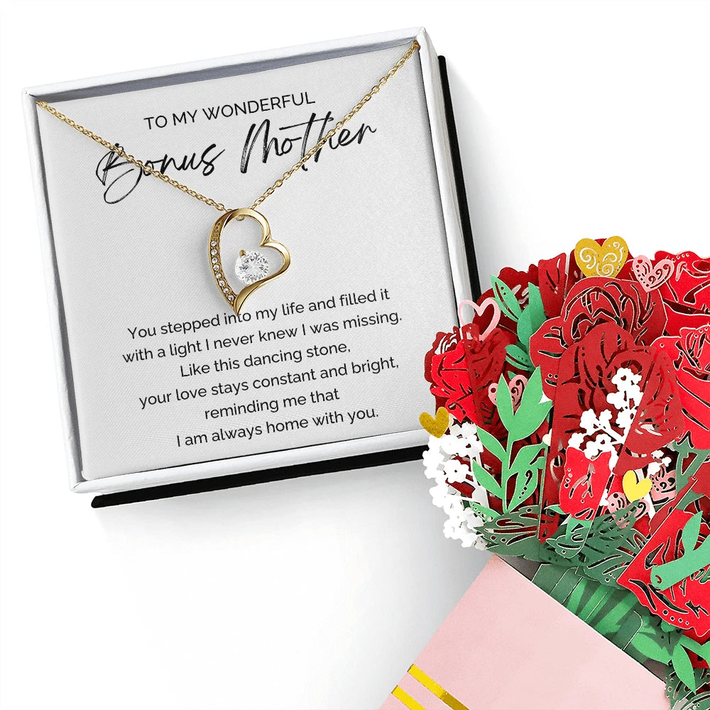 18K Yellow Gold Forever Love Necklace Sweetest Devotion Flower Bouquet Bundle With Standard Box For My Bonus Mom Your Love Message Card Jewelry Display