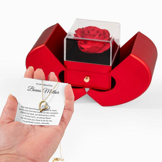 18K Yellow Gold Forever Love Necklace With Red Heart Rose Box For Bonus Mom - Forever Love Message Card Jewelry