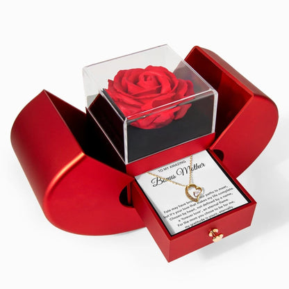 18K Yellow Gold Forever Love Necklace With Red Heart Rose Box For Bonus Mom - Forever Love Message Card Jewelry Display