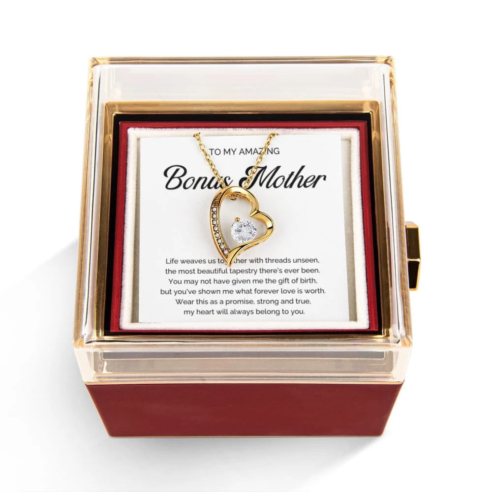 18K Yellow Gold Forever Love Necklace With Rotating Rose Gift Box For Bonus Mom - A Promise Display