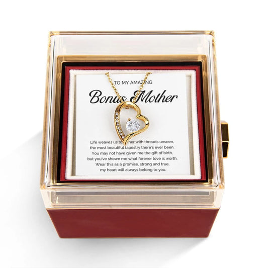 18K Yellow Gold Forever Love Necklace With Rotating Rose Gift Box For Bonus Mom - A Promise Display