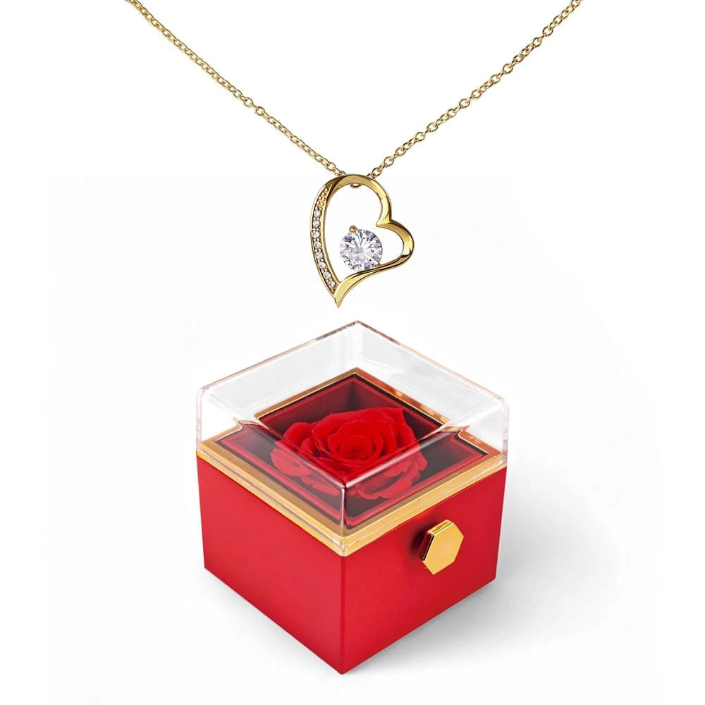 18K Yellow Gold Forever Love Necklace With Rotating Rose Gift Box For Her