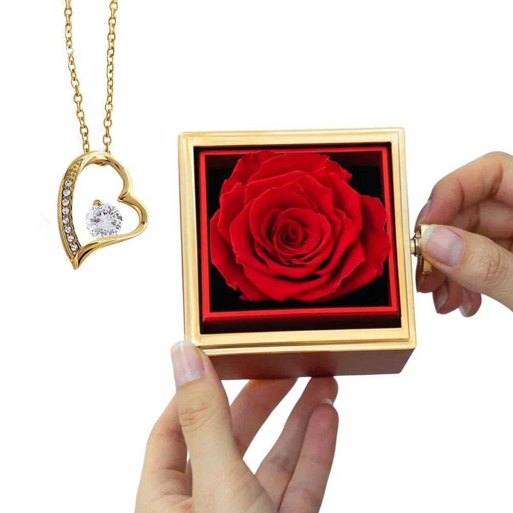 18K Yellow Gold Forever Love Necklace With Rotating Rose Gift Box For Her Display