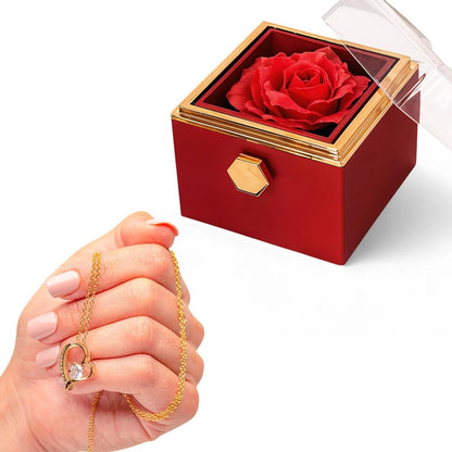 18K Yellow Gold Forever Love Necklace With Rotating Rose Gift Box For Her Display In Hand