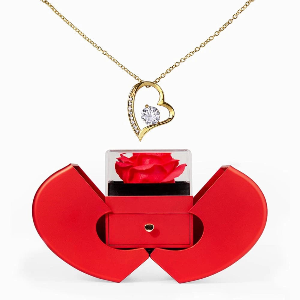 18K Yellow Gold Forever Love Necklace with Red Heart Rose Box For Her