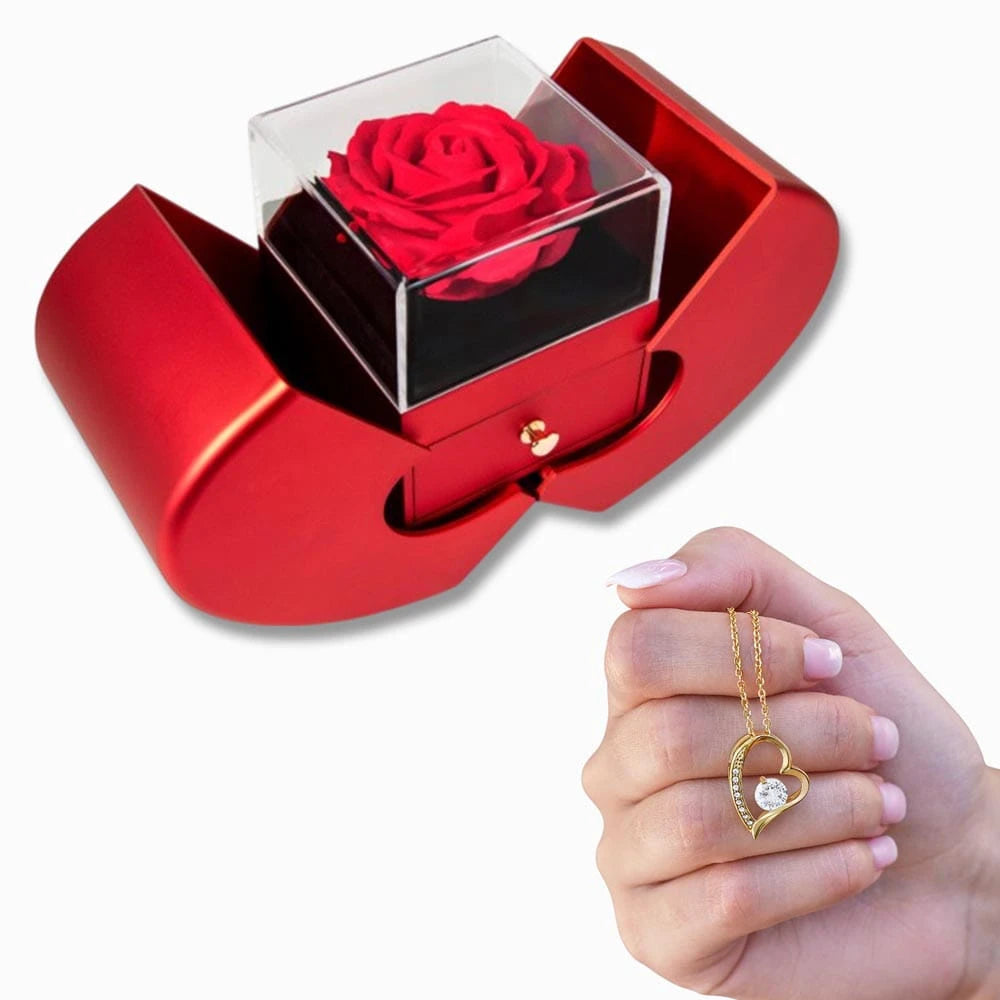 18K Yellow Gold Forever Love Necklace with Red Heart Rose Box For Her Display