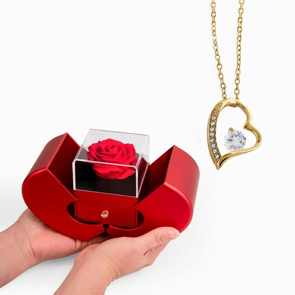 18K Yellow Gold Forever Love Necklace with Red Heart Rose Box For Her Display In Hand