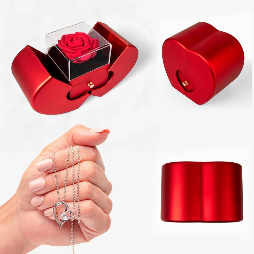 18K Yellow Gold Forever Love Necklace with Red Heart Rose Box For Her Display Set