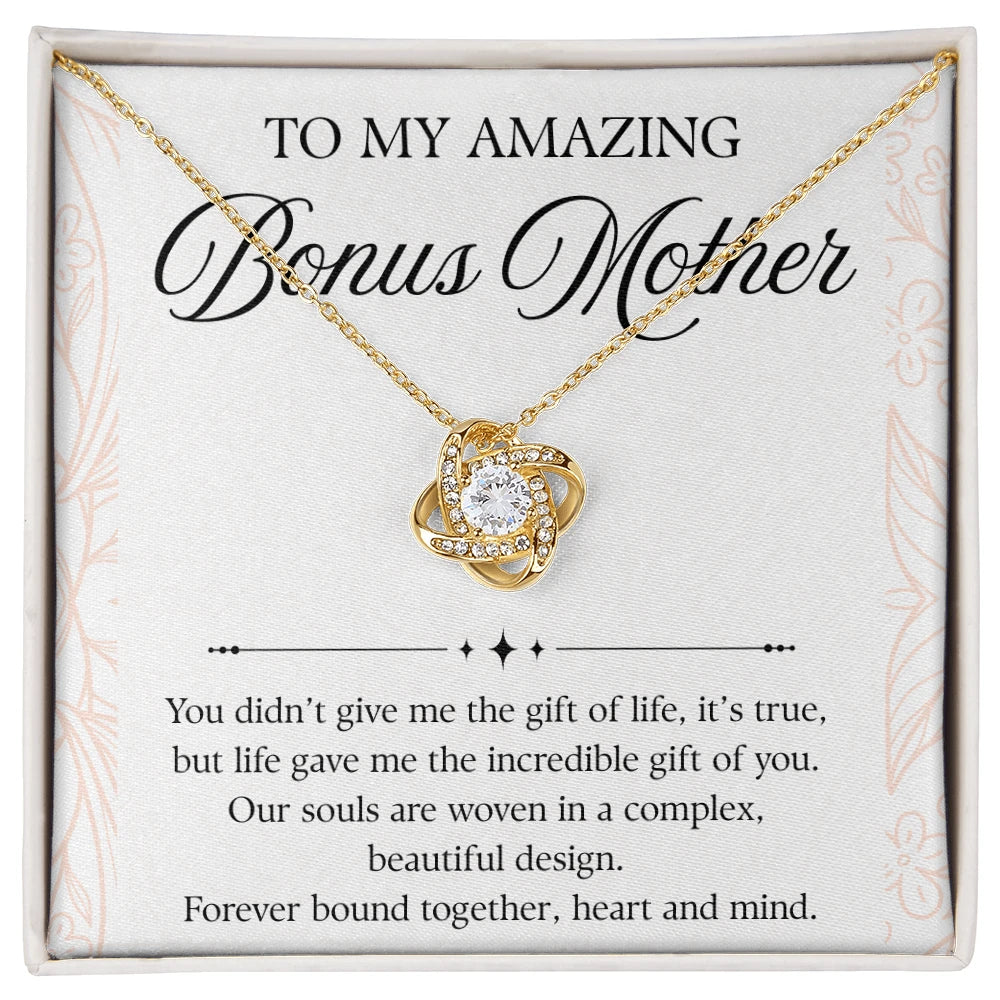 18K Yellow Gold Love Knot Necklace Sweetest Devotion Flower Bouquet Bundle For My Bonus Mom - Forever Bond Message Card Jewelry