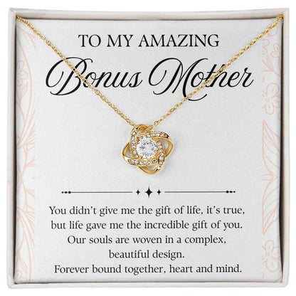 18K Yellow Gold Love Knot Necklace Sweetest Devotion Flower Bouquet Bundle For My Bonus Mom - Forever Bond Message Card Jewelry