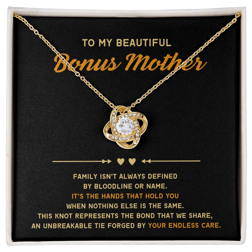 18K Yellow Gold Love Knot Necklace Sweetest Devotion Flower Bouquet Bundle For My Bonus Mom Your Endless Care Message Card Jewelry