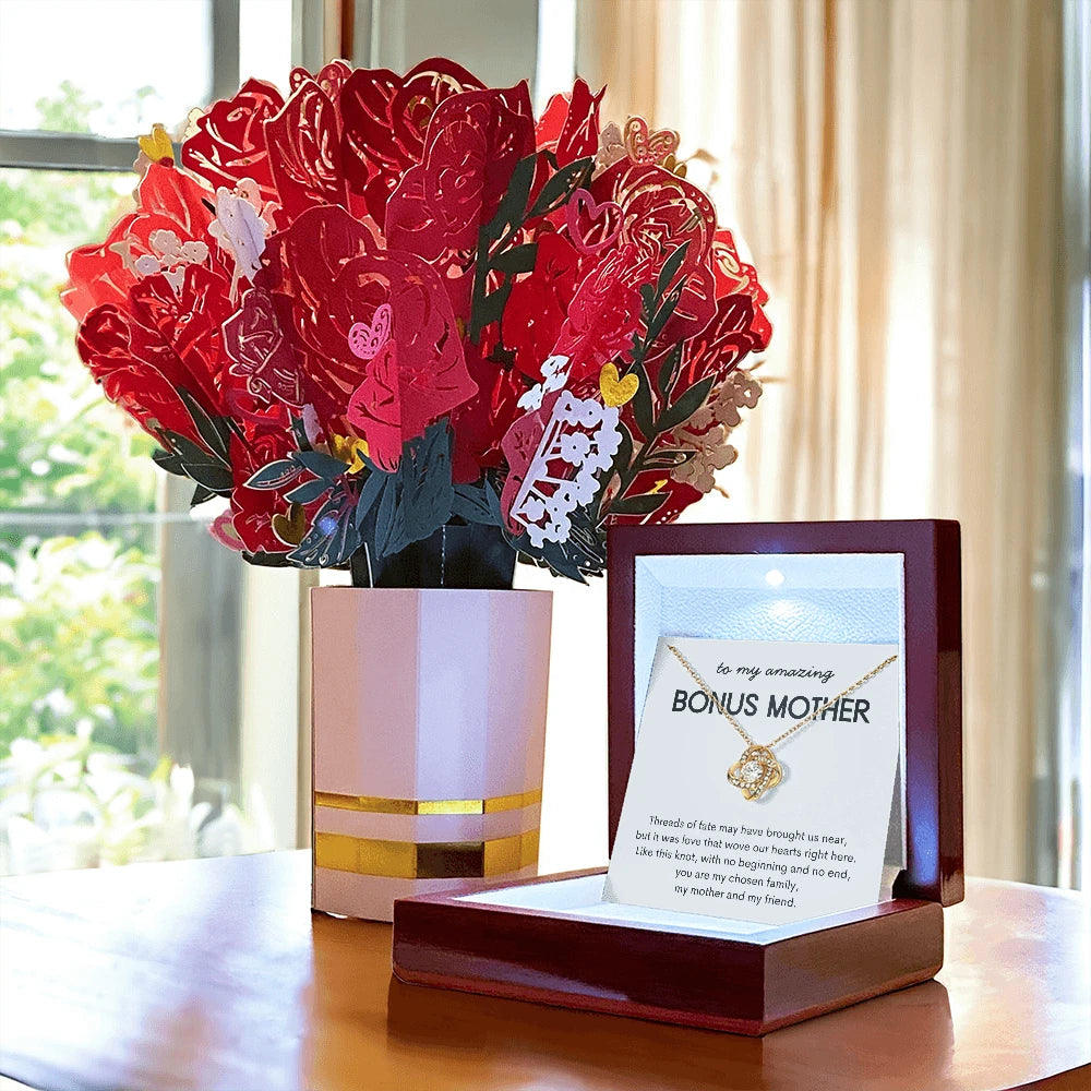 18K Yellow Gold Love Knot Necklace Sweetest Devotion Flower Bouquet Bundle With Luxury Box For My Bonus Mom My Chosen Family Message Card Jewelry