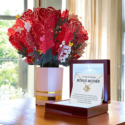 18K Yellow Gold Love Knot Necklace Sweetest Devotion Flower Bouquet Bundle With Luxury Box For My Bonus Mom My Chosen Family Message Card Jewelry