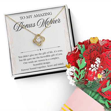 18K Yellow Gold Love Knot Necklace Sweetest Devotion Flower Bouquet Bundle With Standard Box For My Bonus Mom - Forever Bond Message Card Jewelry