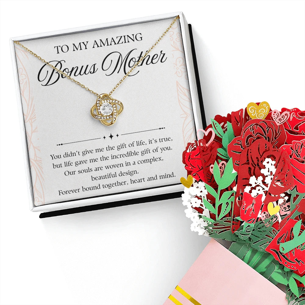 18K Yellow Gold Love Knot Necklace Sweetest Devotion Flower Bouquet Bundle With Standard Box For My Bonus Mom - Forever Bond Message Card Jewelry