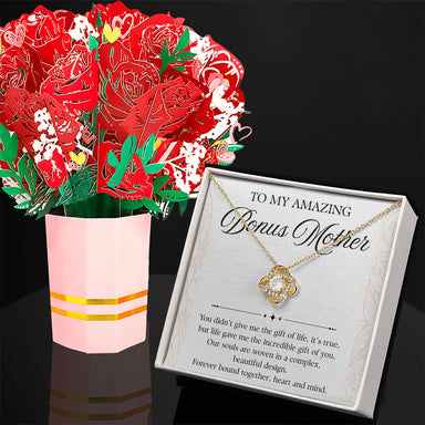 18K Yellow Gold Love Knot Necklace Sweetest Devotion Flower Bouquet Bundle With Standard Box For My Bonus Mom - Forever Bond Message Card Jewelry Display