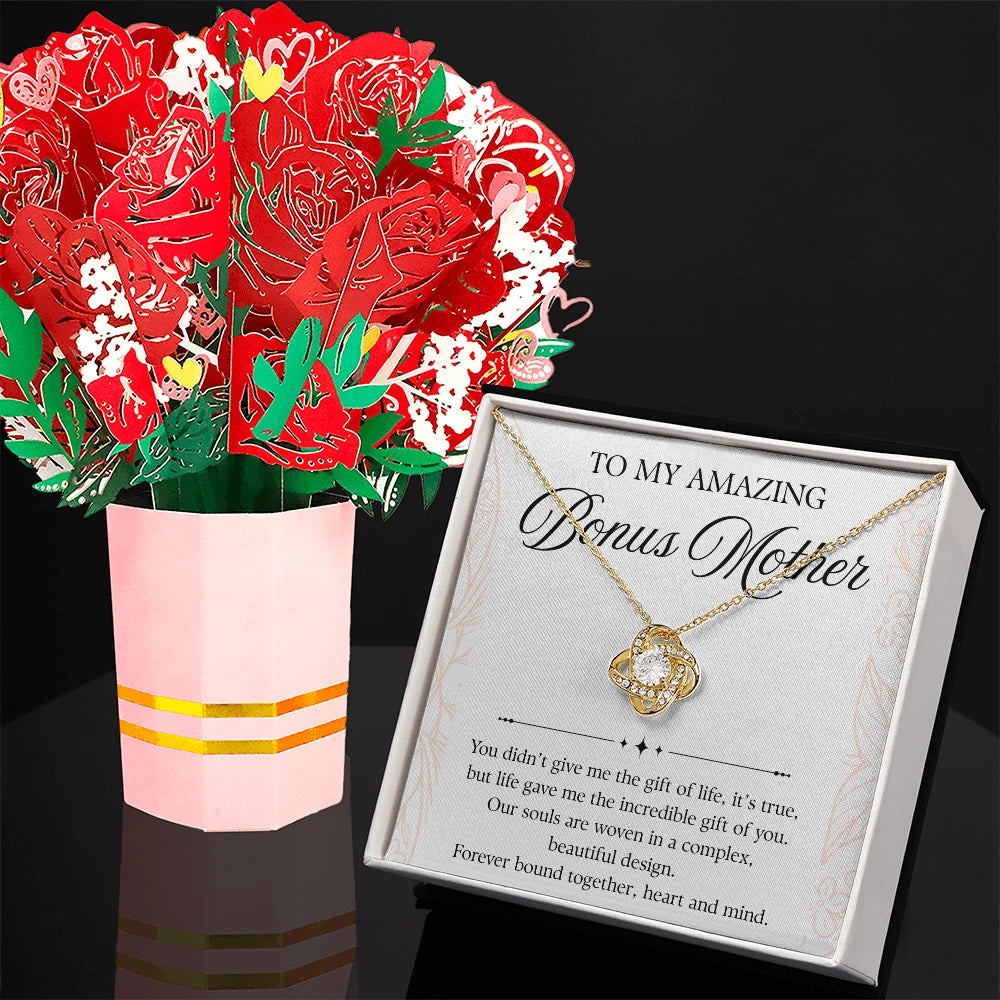 18K Yellow Gold Love Knot Necklace Sweetest Devotion Flower Bouquet Bundle With Standard Box For My Bonus Mom - Forever Bond Message Card Jewelry Display