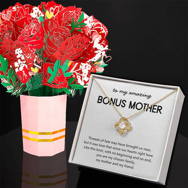 18K Yellow Gold Love Knot Necklace Sweetest Devotion Flower Bouquet Bundle With Standard Box For My Bonus Mom My Chosen Family Message Card Jewelry Display