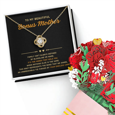18K Yellow Gold Love Knot Necklace Sweetest Devotion Flower Bouquet Bundle With Standard Box For My Bonus Mom Your Endless Care Message Card Jewelry